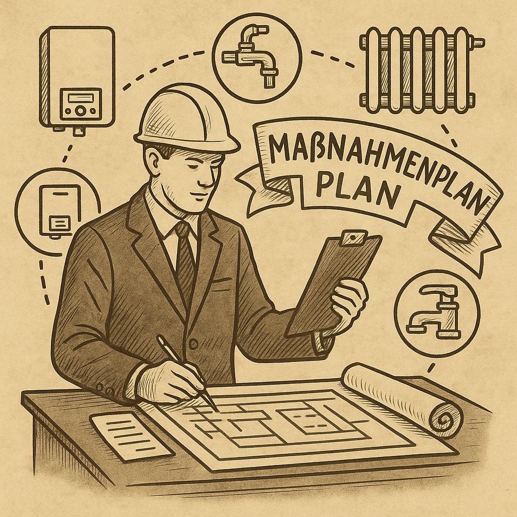 Projektmanager mit Bauplan und Symbolen